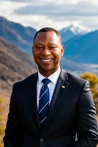 Professional man in dark suit and blue tie smiling at camera with mountain landscape background